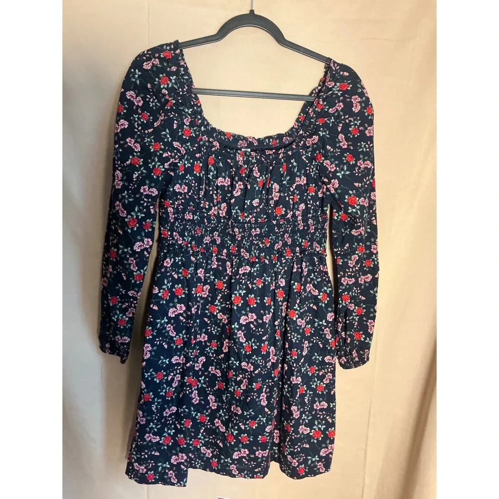 BP Floral Long Sleeve Dress Kids Medium Navy Blue Excellent Smocked Square Neck
